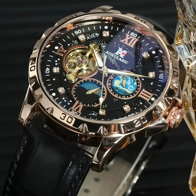 Men's large dial automatic watch with rose gold case, black hollow dial, and transparent back on leather strap.