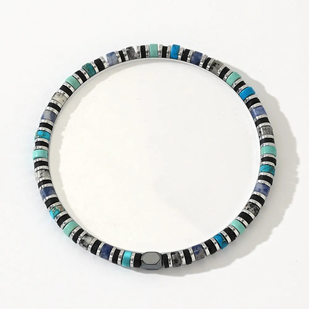 Hand-woven cylindrical semi-precious stone bracelet with geometric bead design