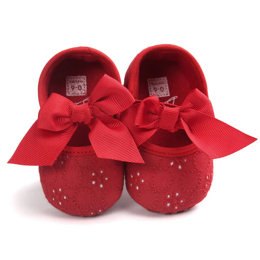 Soft sole pink baby princess shoes for infants shown next to size tags for 11cm, 12cm, and 13cm.