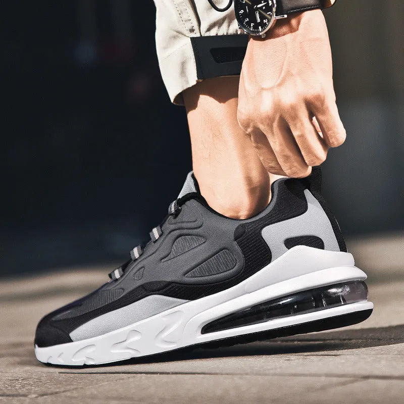 Breathable low-top men's sports shoes with flying line upper and air cushion sole, available in multiple colours