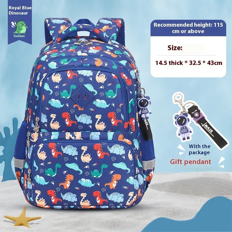 Children's waterproof school backpack with dinosaur pattern and curved shoulder straps
