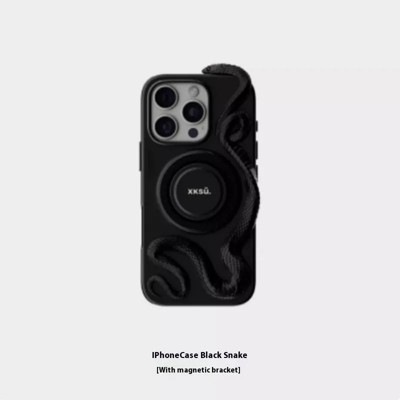 Black leather full-coverage protective case for an Apple iPhone showing front and back