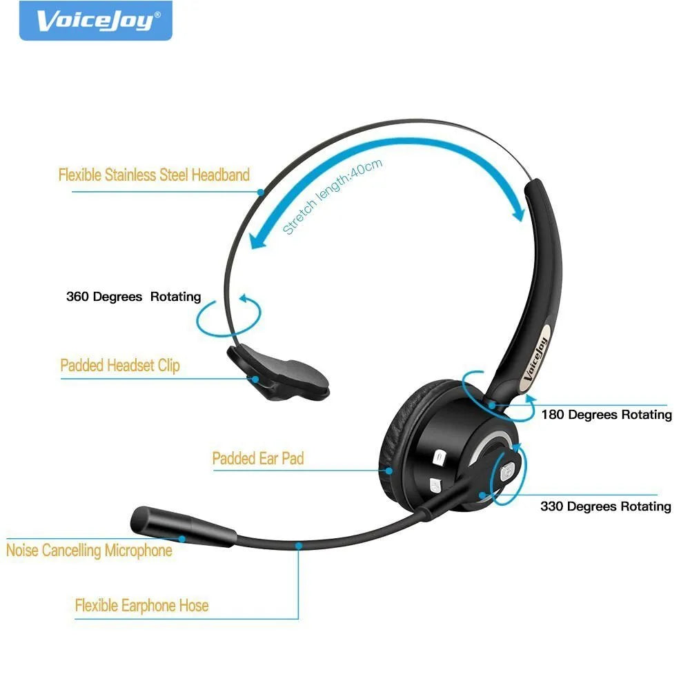 Bluetooth headset with microphone for truck drivers featuring noise-cancelling technology and USB charging cable