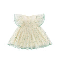 Girls green and yellow striped cotton romper dress with sleeveless A-line design for ages 3-8