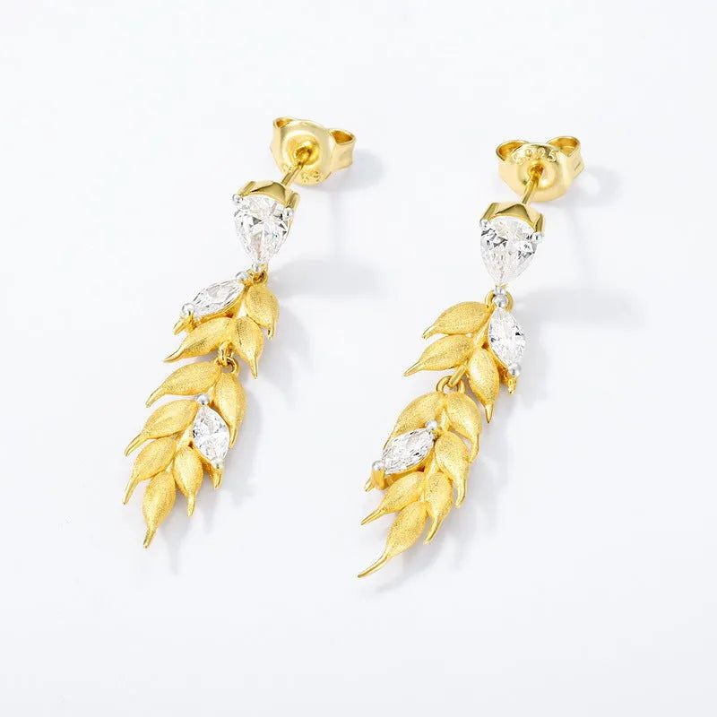 S925 sterling silver diamond-encrusted wheat tassel earrings 10K gold floral leaf design women's light luxury jewellery