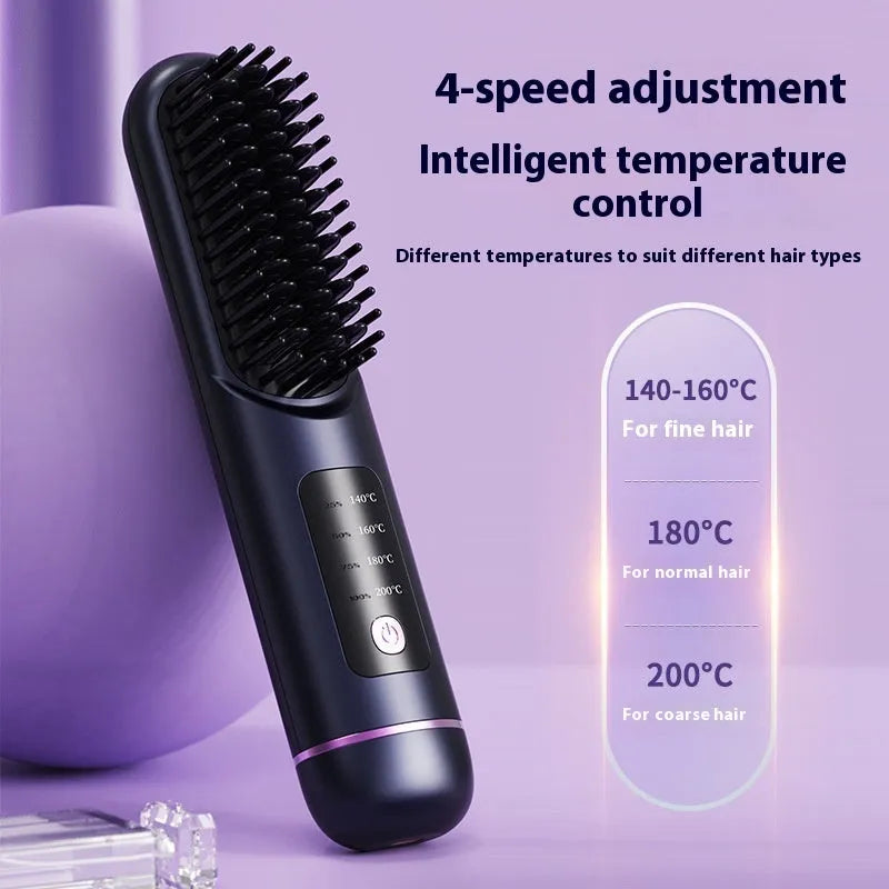 Portable negative ion hair straightening comb in ABS plastic, showing white, dark blue and grey colour options.
