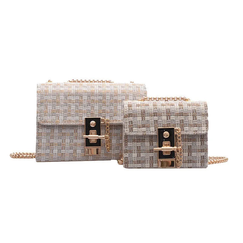 Foreign gas chain casual small square bag in advanced PU with shoulder strap, L size 8x12x17cm, black colour, front view