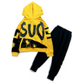 Boy's black and yellow hooded cotton sports suit two-piece set with long sleeves and trousers