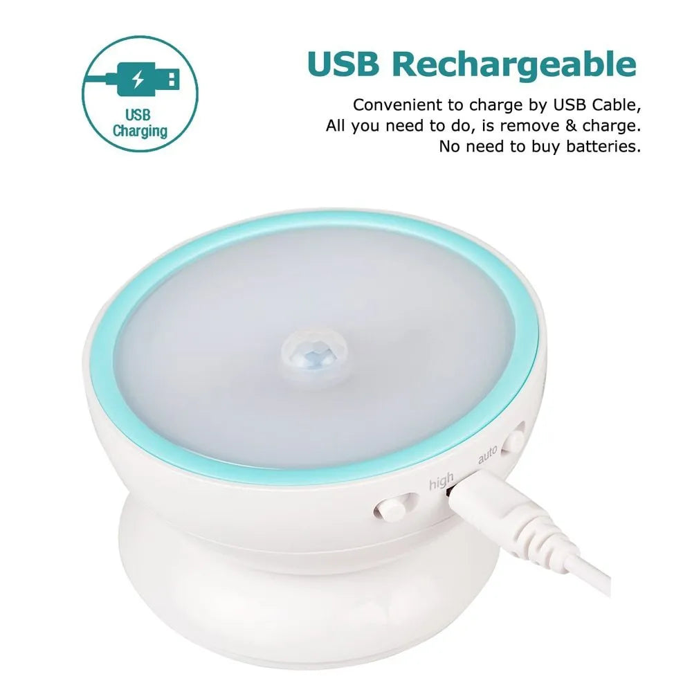 White ABS human body induction night light with 360-degree rotating LED head and magnetic base, dual colour temperature and brightness settings.