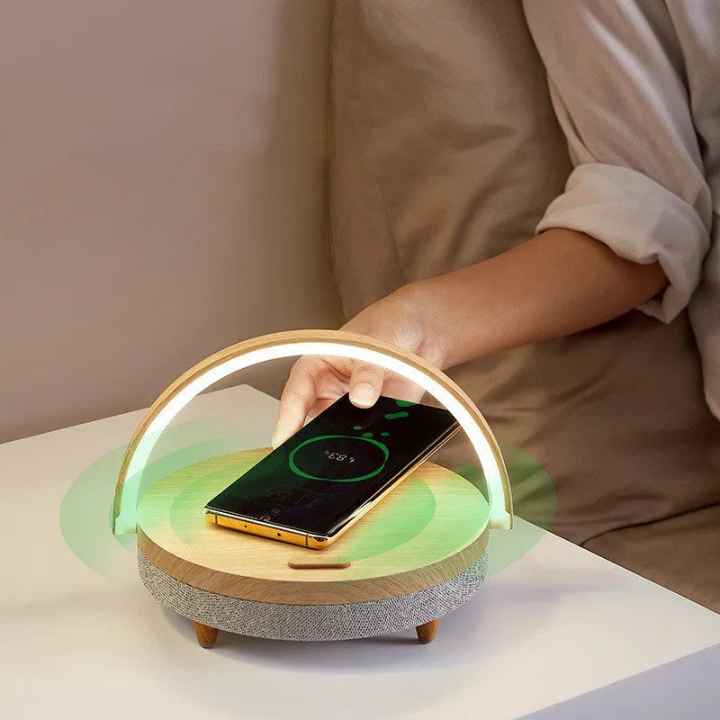 White marble pattern wireless charging bedside lamp with Bluetooth speaker and integrated mobile phone holder