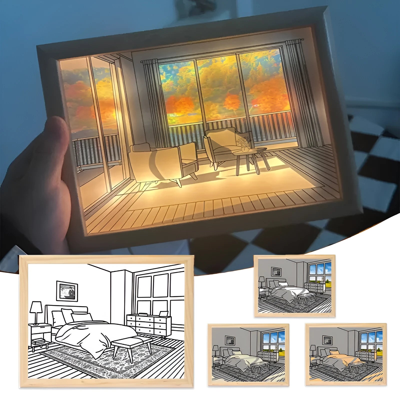 Illuminated LED picture decorative light in a wooden frame showing a scenic image, with USB cable.