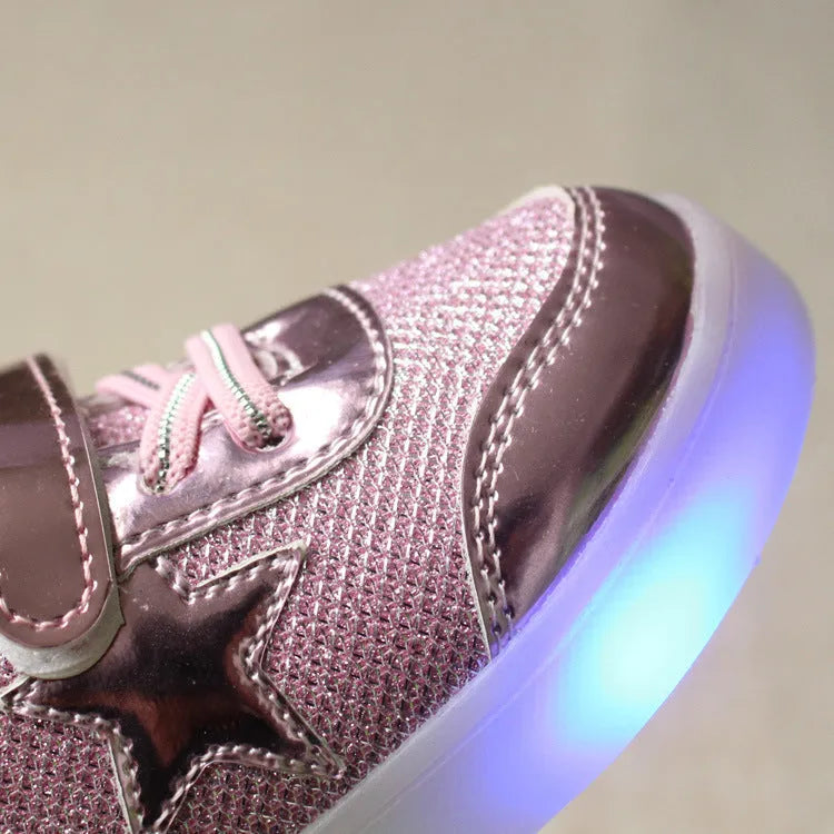 Golden, pink, and silvery LED button lights for children's shoes, sizes 21-30cm.