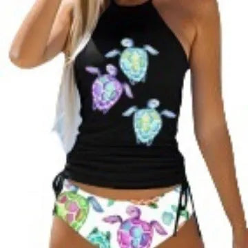 Conservative printed bikini swimsuit for women with colourful pattern and split design