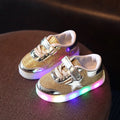 Golden, pink, and silvery LED button lights for children's shoes, sizes 21-30cm.