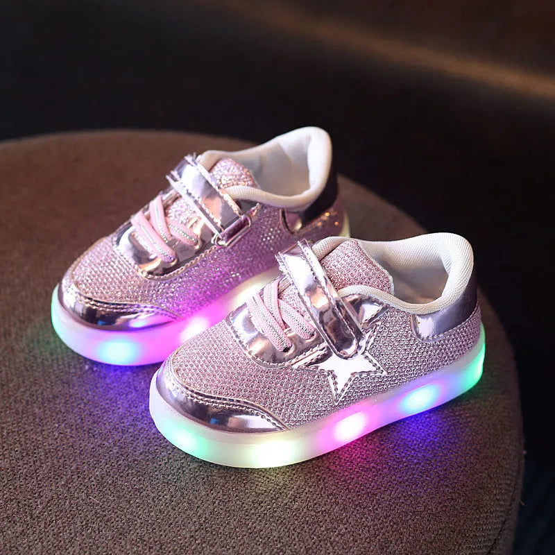 Golden, pink, and silvery LED button lights for children's shoes, sizes 21-30cm.