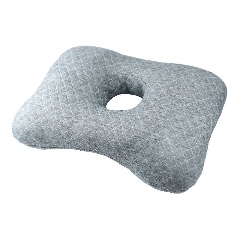 Beauty salon single hole ear pillow for adults in grey plaid pattern, showing dimensions.