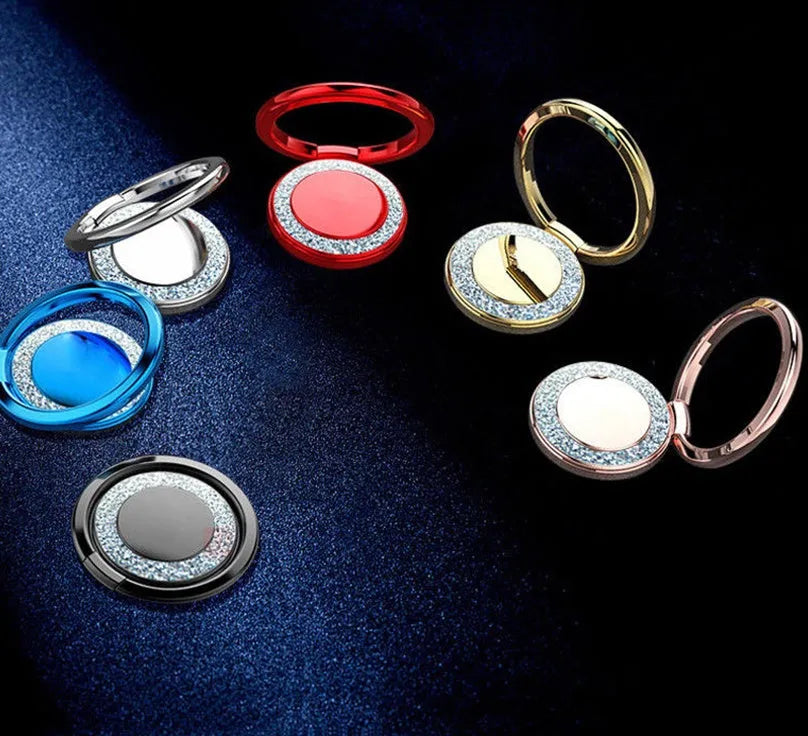 Bling glitter metal phone holder ring showing 360-degree rotation and flip-flat mechanism on smartphone