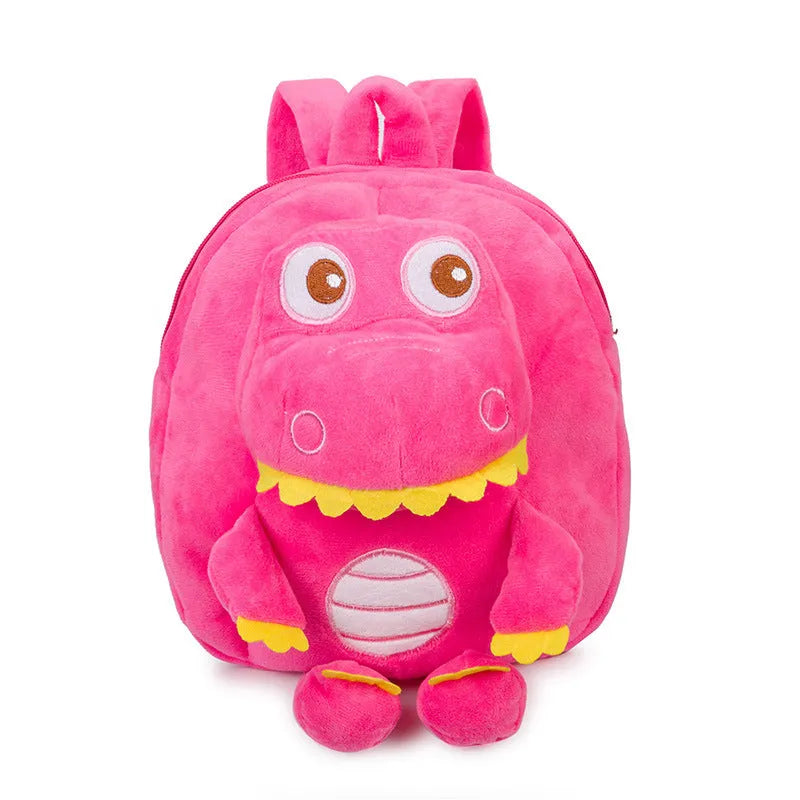 Baby dinosaur plush toy backpack with embroidery design in blue colour showing soft handle and animal pattern
