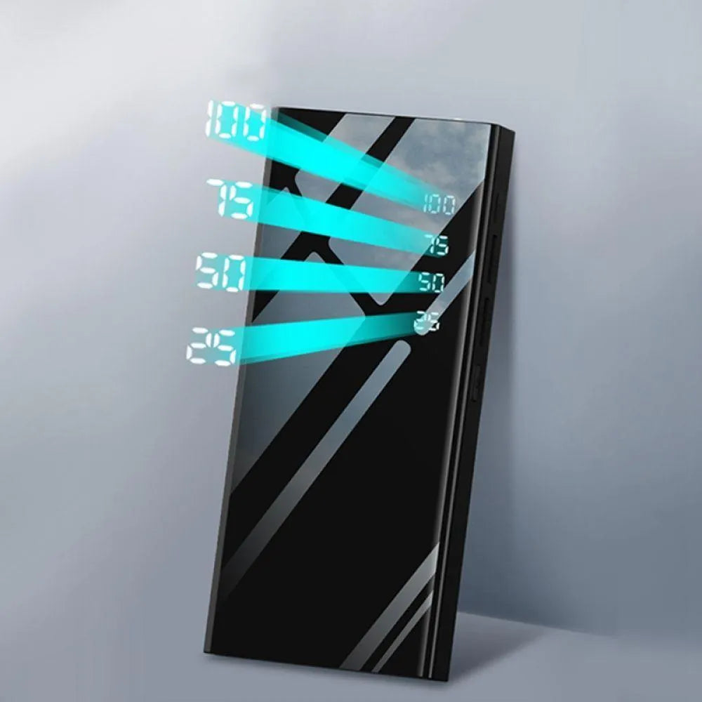Black 20000mAh power bank showing LCD screen and two USB ports.
