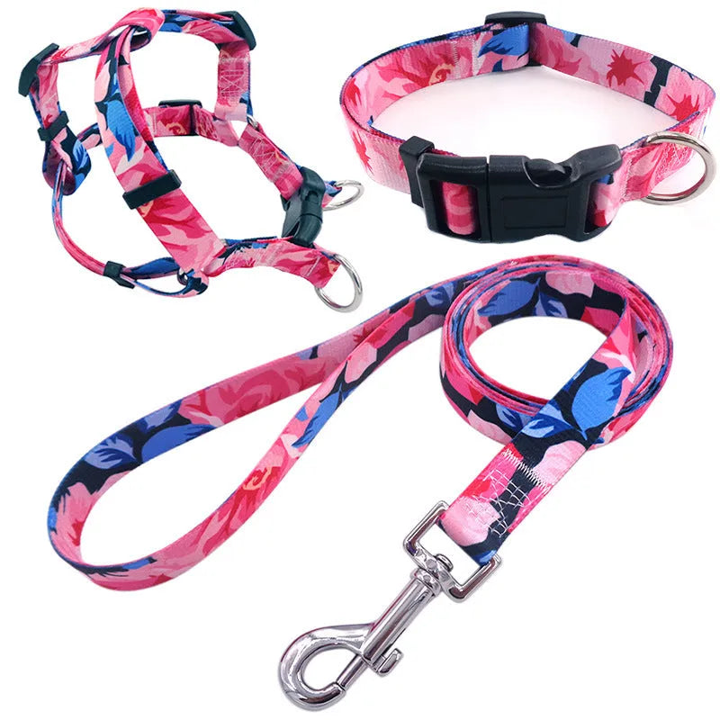 Printed polyester dog walking set with collar, adjustable chest strap and rope leash in multiple colour patterns