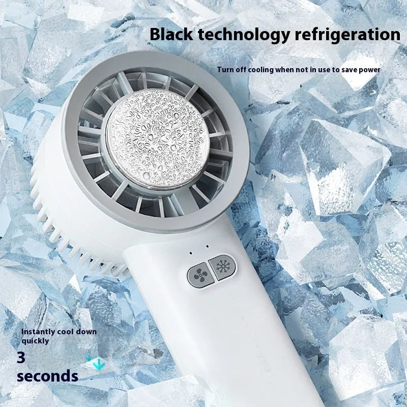 White handheld turbo jet fan with ice cold function showing three blade design and touch controls