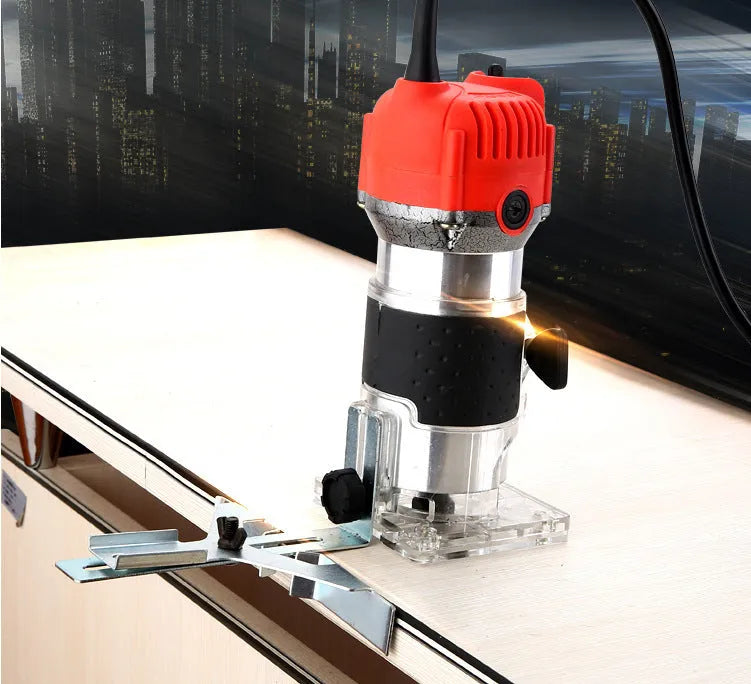 Electric trimming machine with carbide fillet knife and guide assemblies for wood and metal edge chamfering