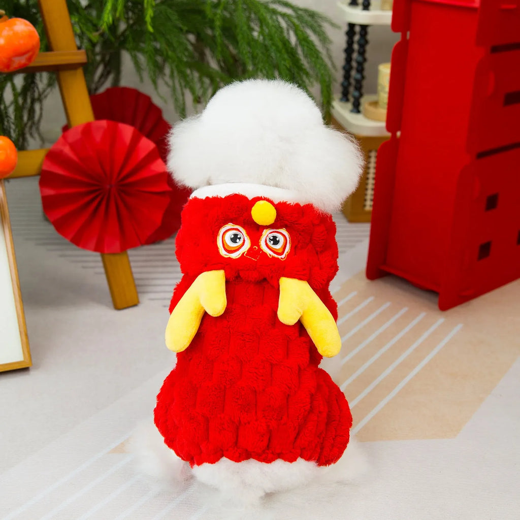 Red cartoon dragon fluffy jacket for small pets with double-sided velvet polyester construction