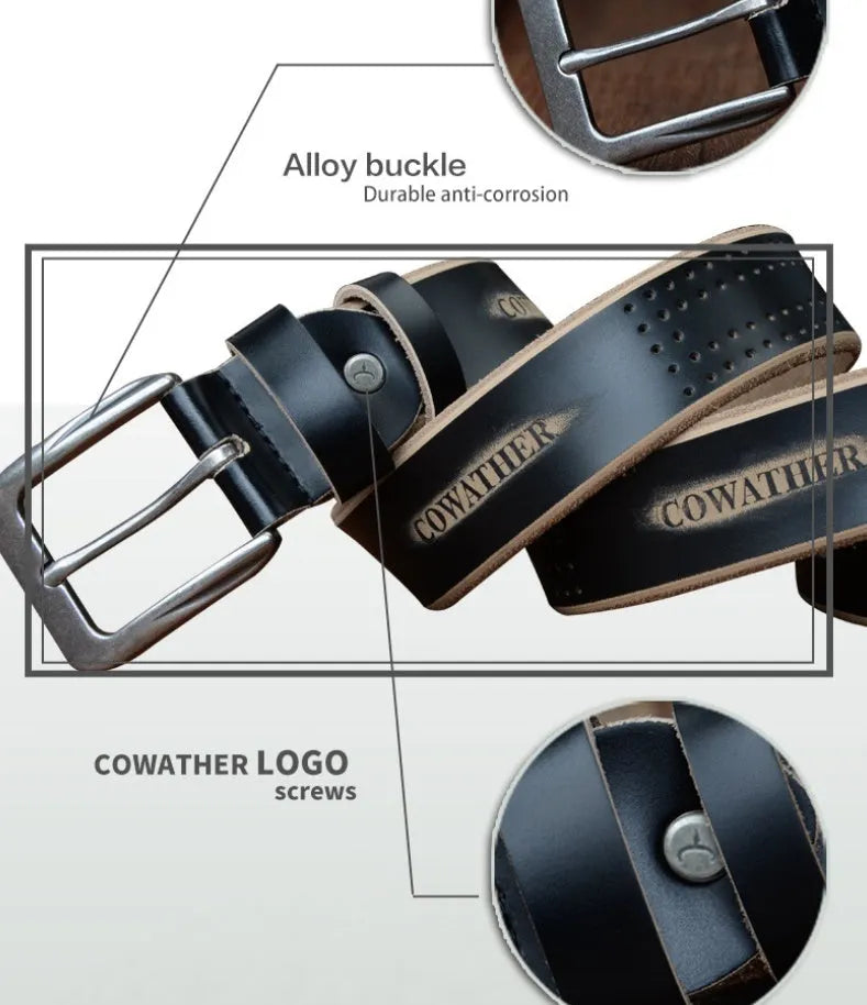 Men's leather belt in black with square alloy buckle on a dark background