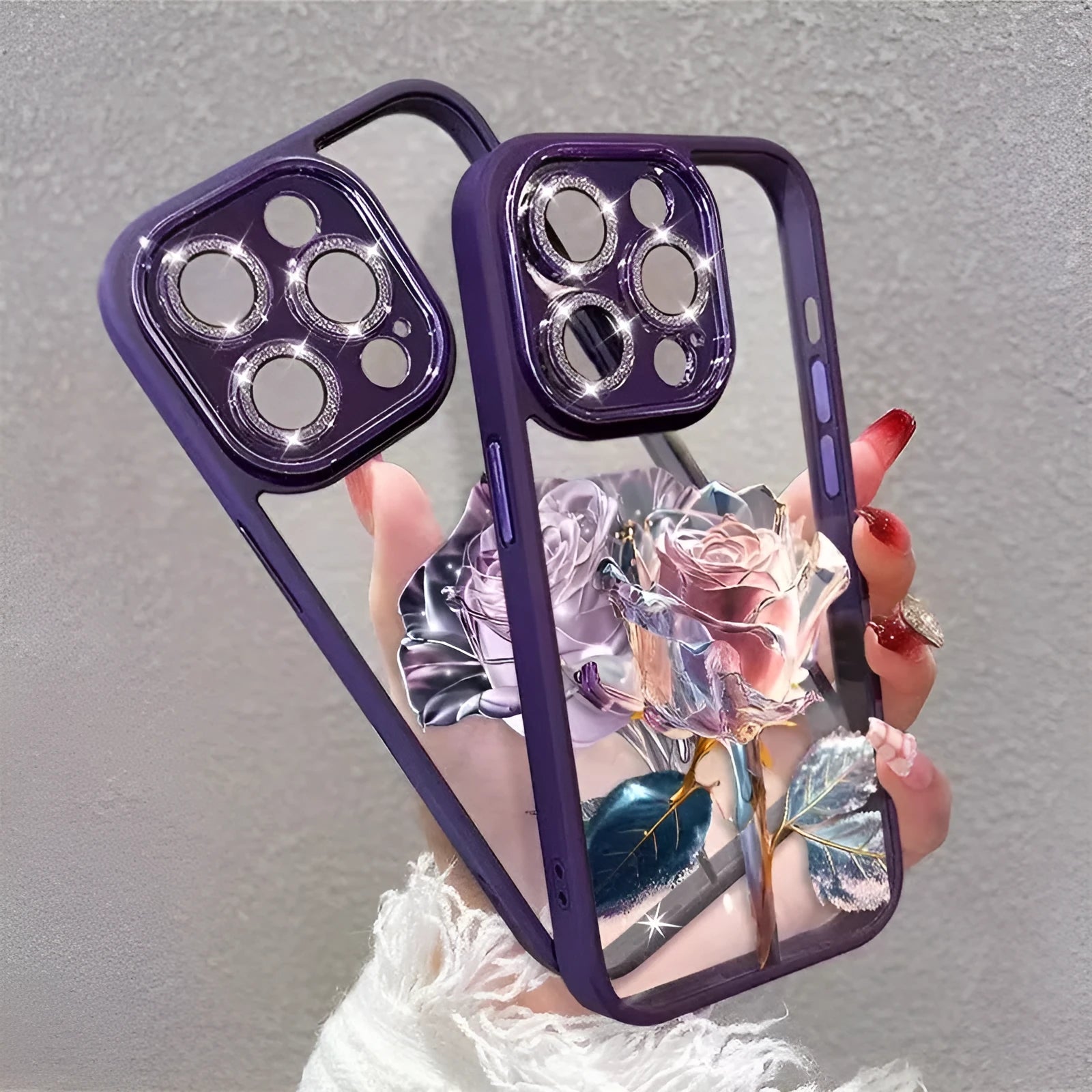 TPU phone case with detailed rose pattern and integrated sparkling camera lens film for iPhone protection