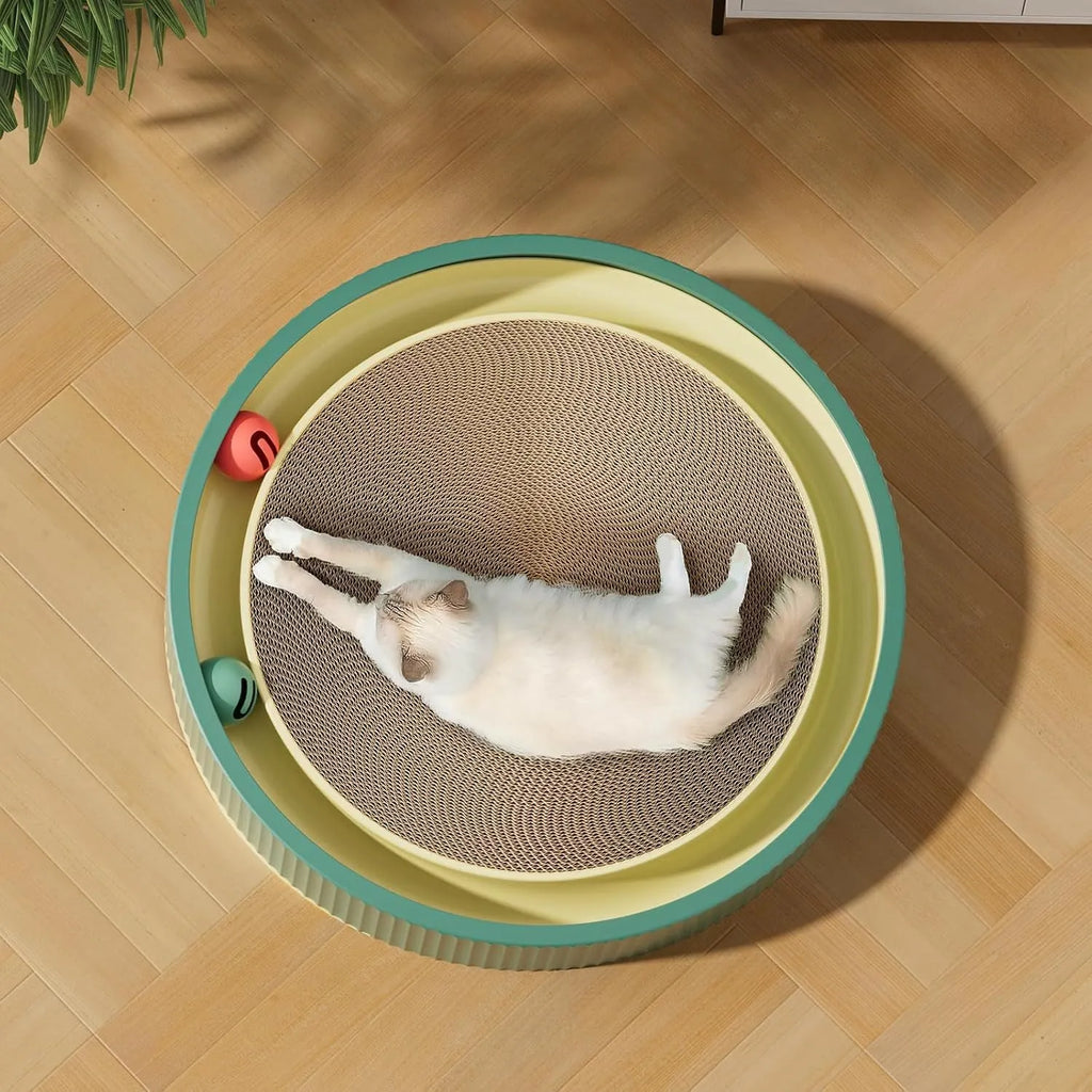Large green circular cat scratching board with bell balls and replaceable cardboard core