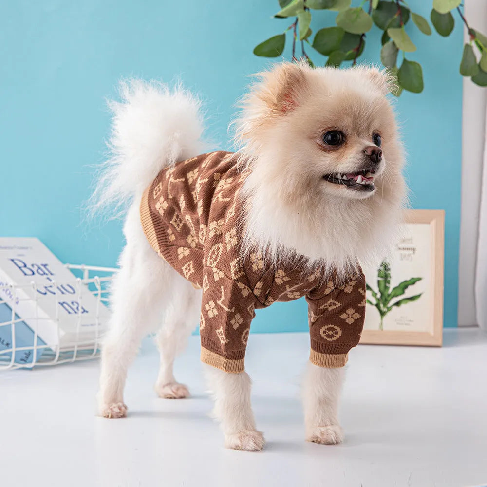 A thick wool dog sweater for autumn and winter wear, shown in a monochrome colour.