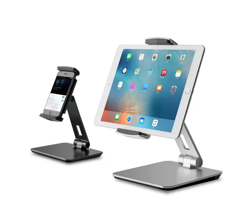 Foldable aluminium phone and tablet stand with black silicone protection showing 360-degree rotation capability