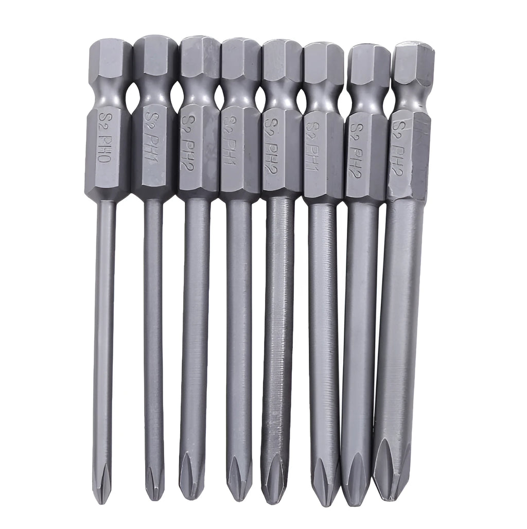 JAPAN SEALS set of eight long 75mm magnetic Phillips screwdriver bits on a white background