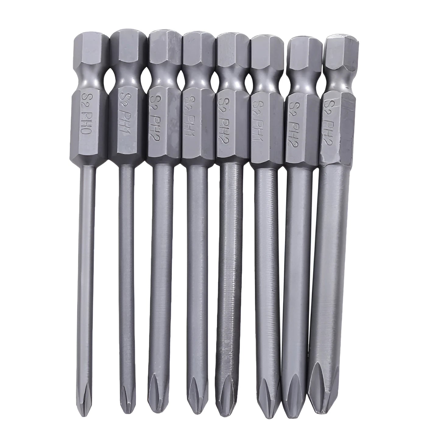 JAPAN SEALS set of eight long 75mm magnetic Phillips screwdriver bits on a white background