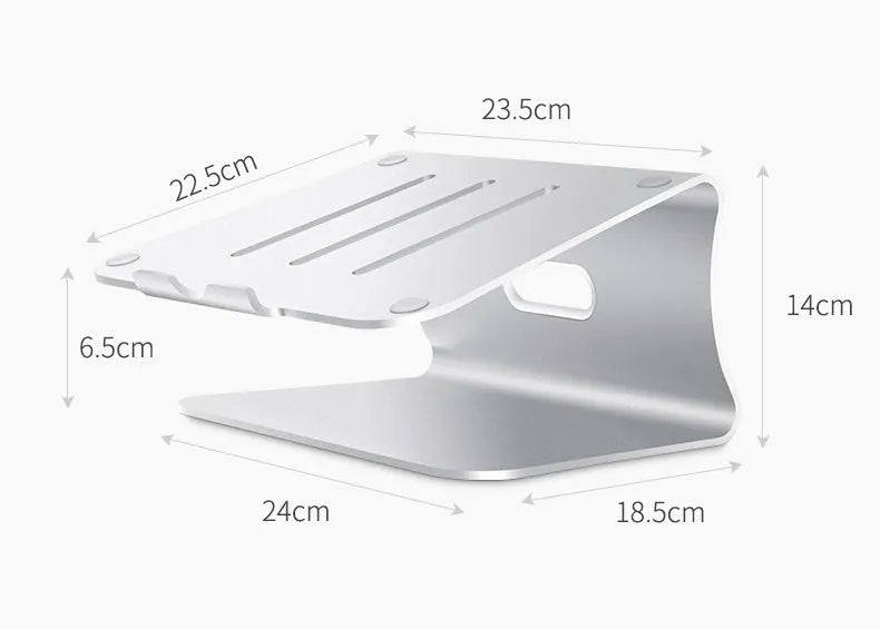 Grey aluminium laptop cooling stand with a thick 4.07mm frame and a rotating base on a wooden desk.
