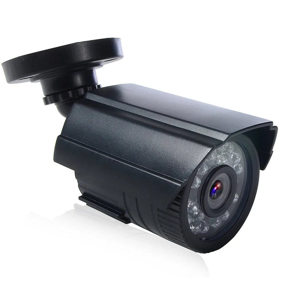 Black AHD HD waterproof outdoor security camera with fixed lens on mounting bracket.