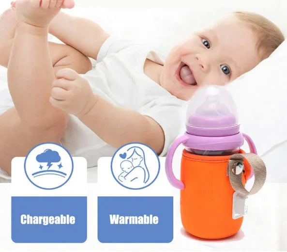 Long blue insulated cotton USB baby bottle warmer wrapped around a feeding bottle.