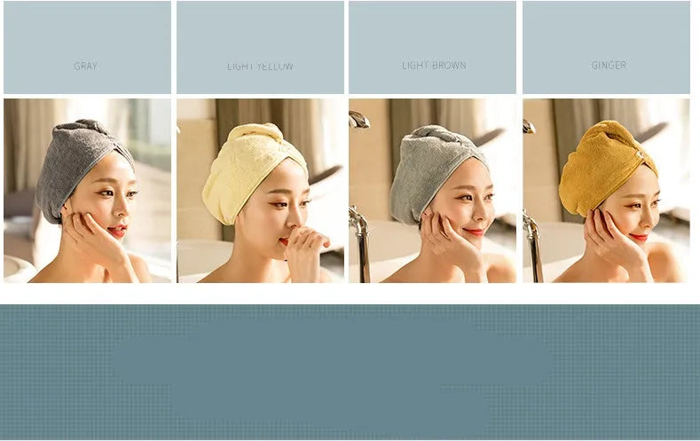 Soft microfiber hair dryer cap for women, shown in assorted colours, measuring 60cm by 25cm.