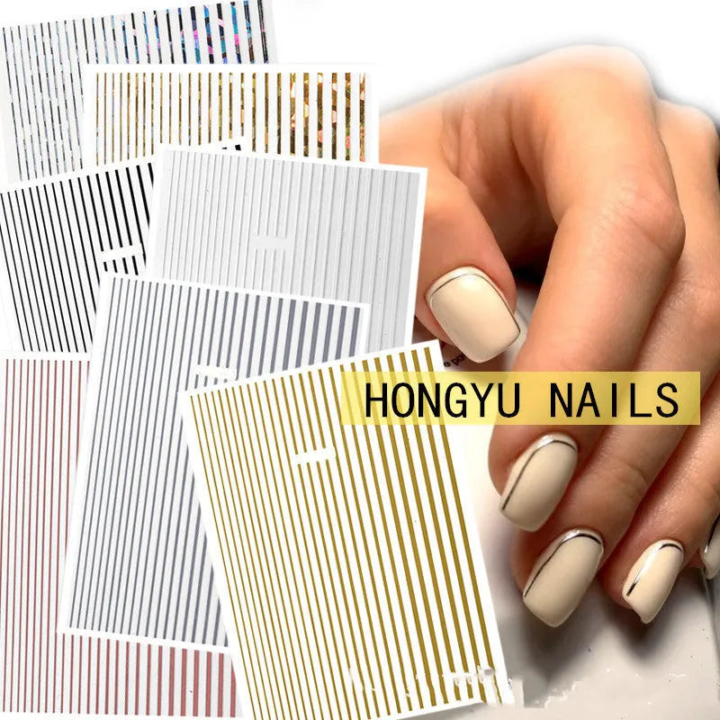 Nail art fluorescent line adhesive sticker sheet 8.5x13cm with multiple line decals in black and gold