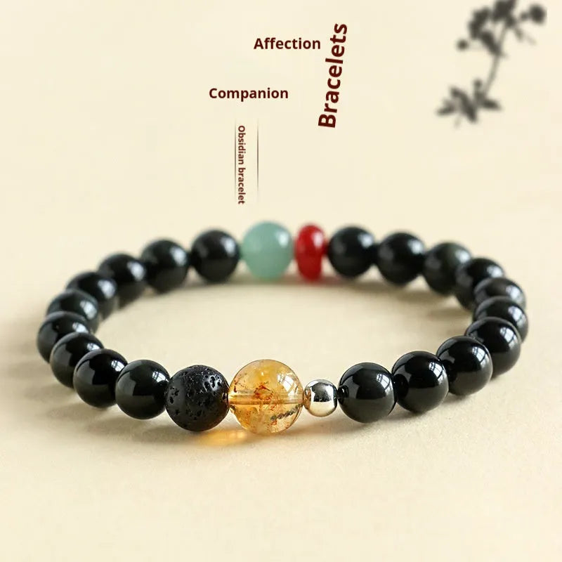 Chinese-style obsidian yellow tower crystal couple bracelet with agate jade accents showing 8mm and 10mm bead size options