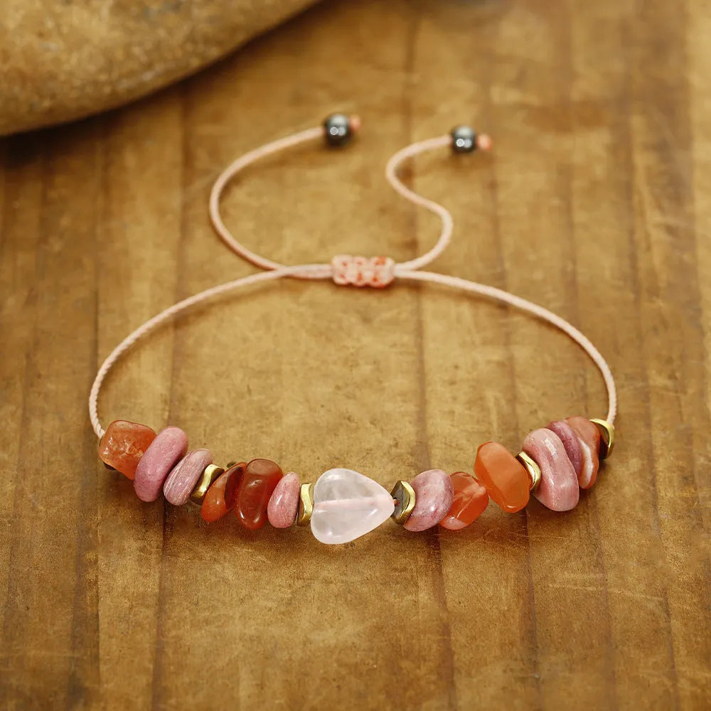Handmade geometric stone bead bracelet with adjustable closure on wrist