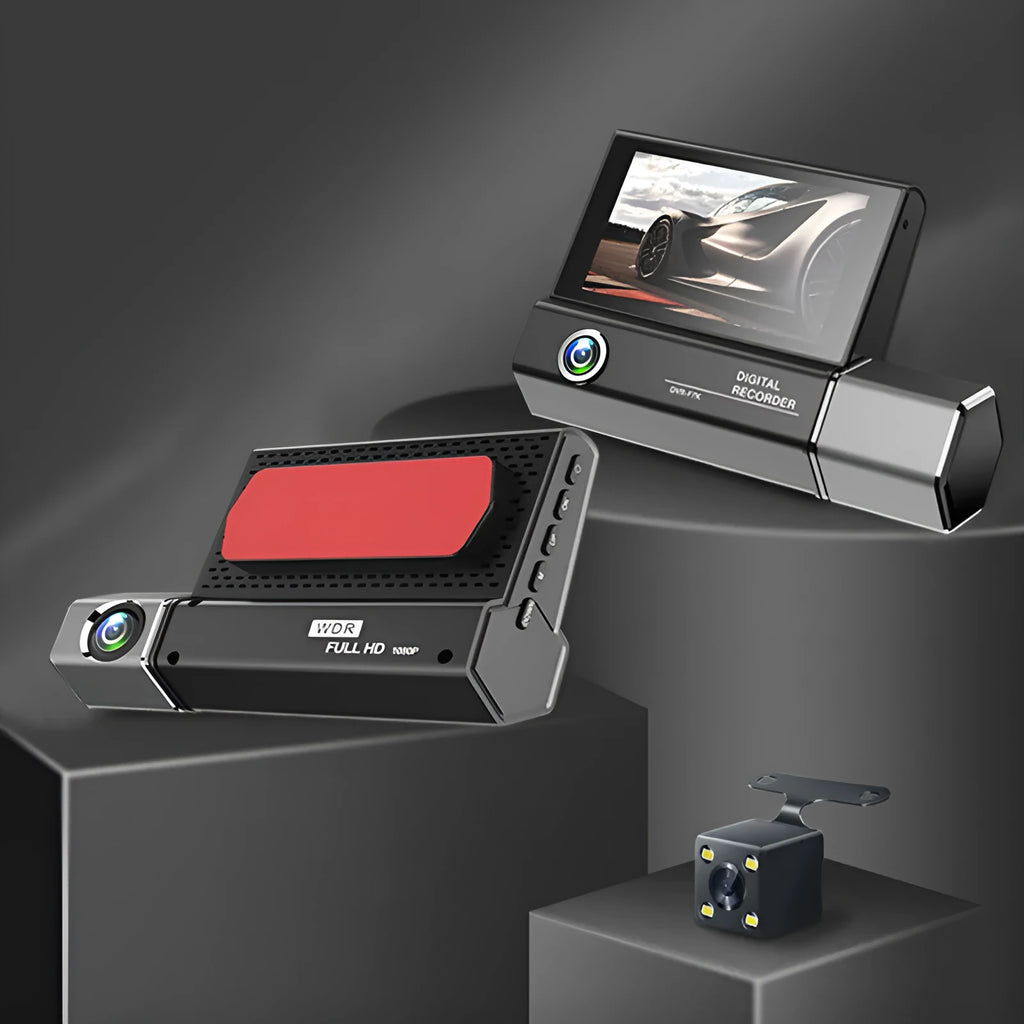 Black triple-lens HD 1080P car dash camera with touch screen