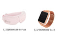 White and pink smart watch eye massager with Bluetooth, showing suede cloth mask and control unit.