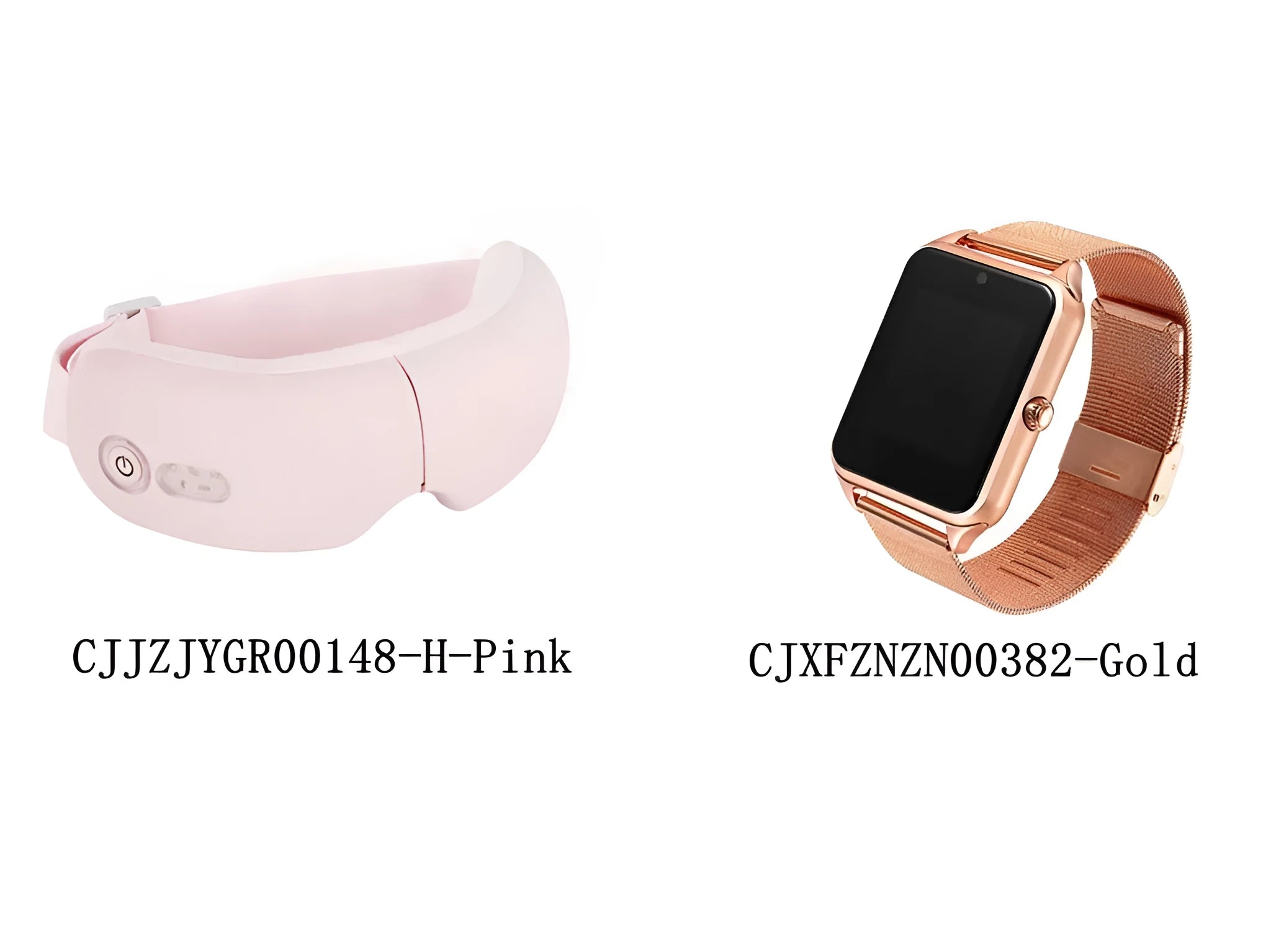 White and pink smart watch eye massager with Bluetooth, showing suede cloth mask and control unit.