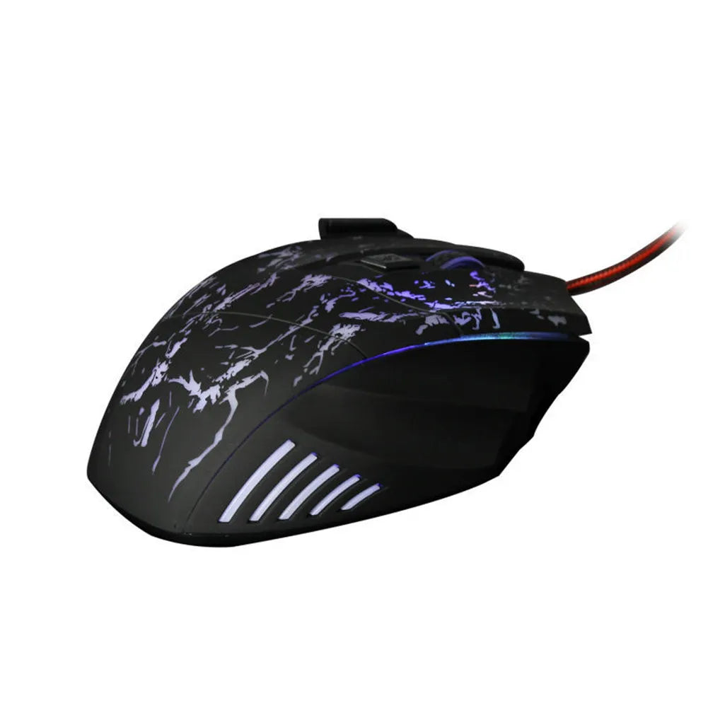 Wired computer gaming mouse with transparent black shell, luminous LED, seven buttons, four-way scroll wheel, USB cable, 127x85x37mm