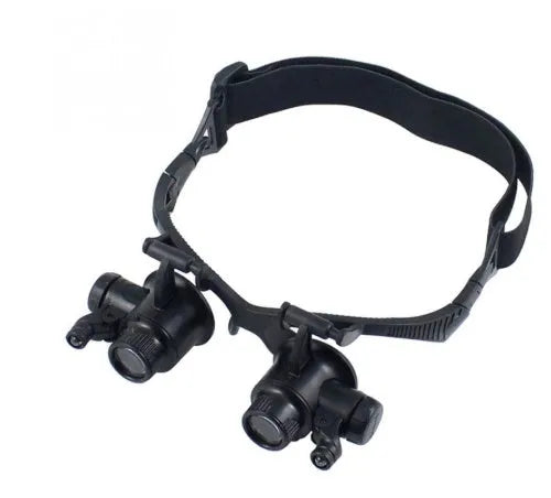 Black double eye magnifying glasses with LED lights and interchangeable lenses on a headband.