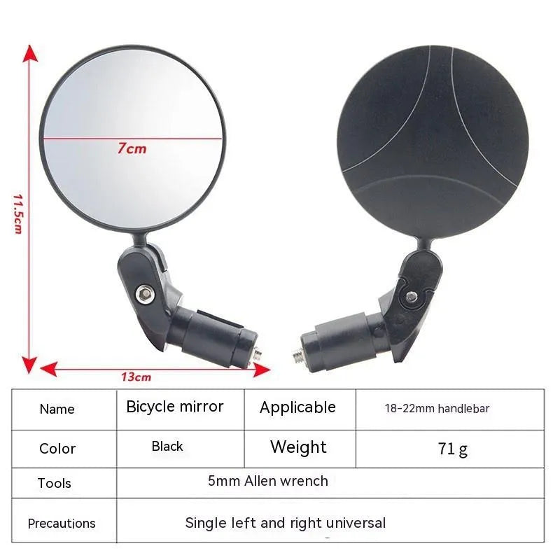 Black foldable convex rearview mirror showing 7cm diameter reflector and 14cm length