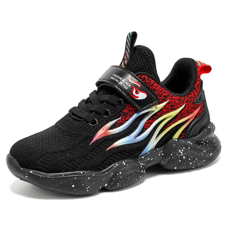 Boys' sneakers in mesh and textile with anti-slip rubber sole, shown in beige, black gold, and black red colour options.