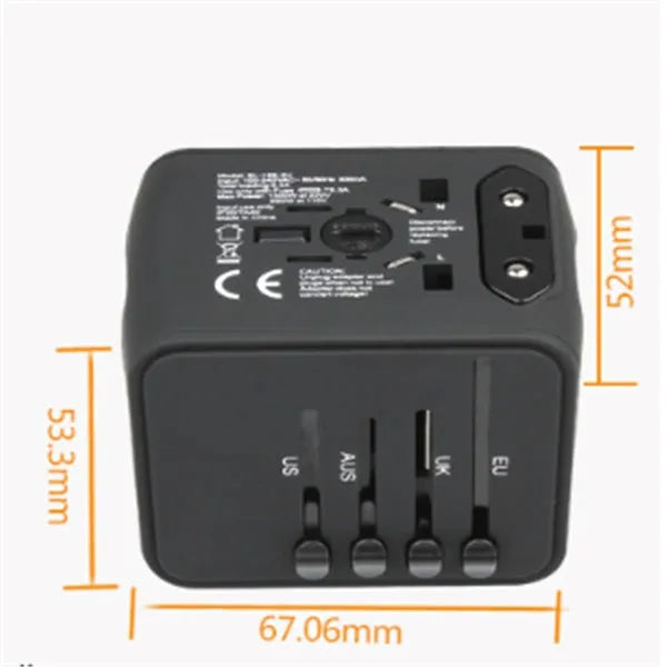Universal travel adapter multi-function socket with USB Type C, black colour, 66x53x52mm, for 160 plus countries