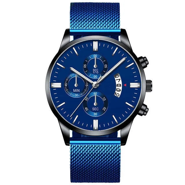 Men's stainless steel mesh band quartz watch showing analogue display and colour options.